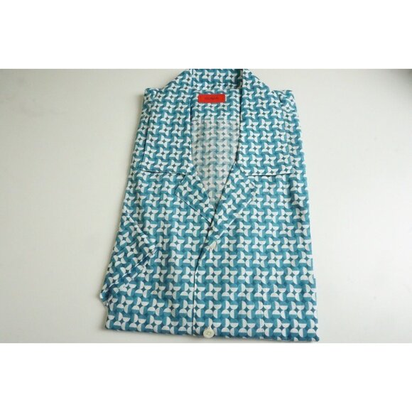 Isaia Cotton Blue Geometric Short Sleeve Button Shirt Sz 18 45 BRAND NEW
